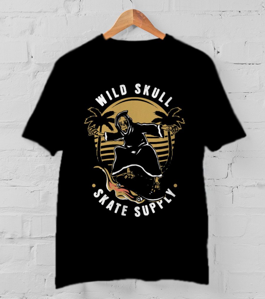 Wild Skull Skate Supply Grim Reaper Skateboarding Palm Trees Retro T-Shirt