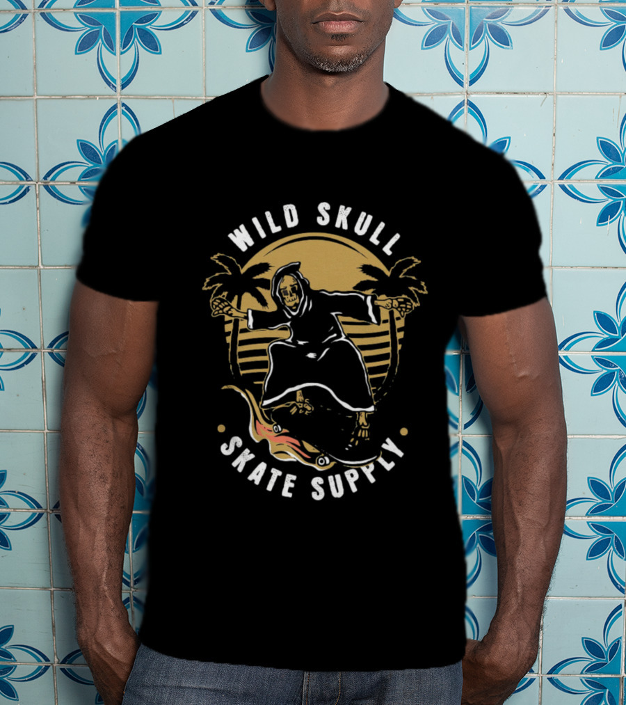 Wild Skull Skate Supply Grim Reaper Skateboarding Palm Trees Retro T-Shirt