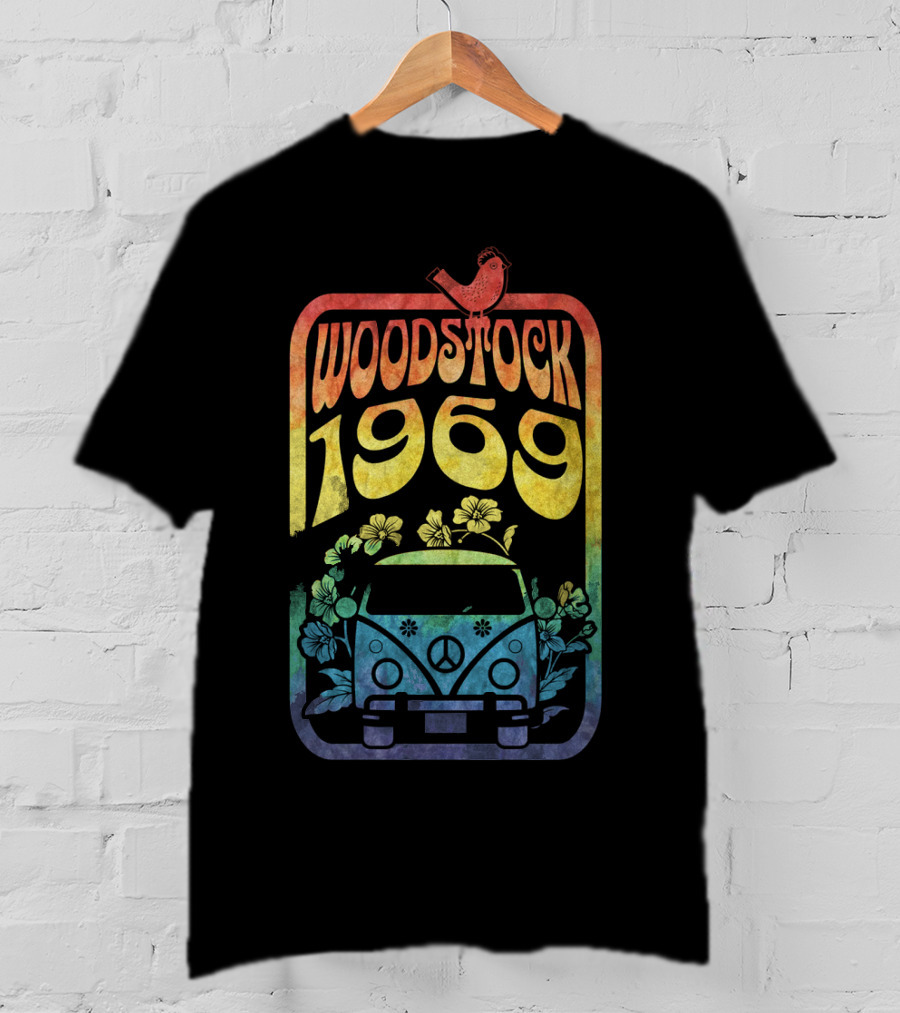 Woodstock 1969 Colorful Campervan Peace Flowers Bird T-Shirt