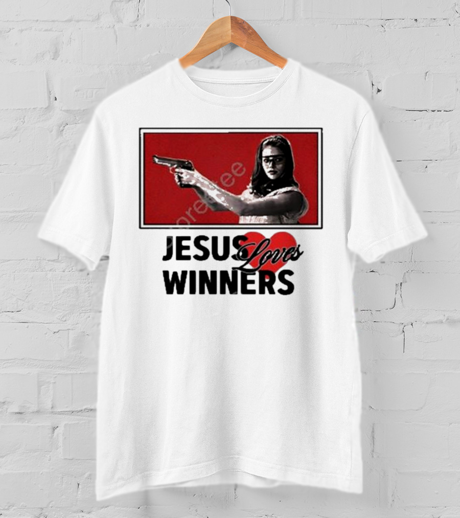 Super Yaki Jesus Loves Winners Red Gun Woman T-Shirt