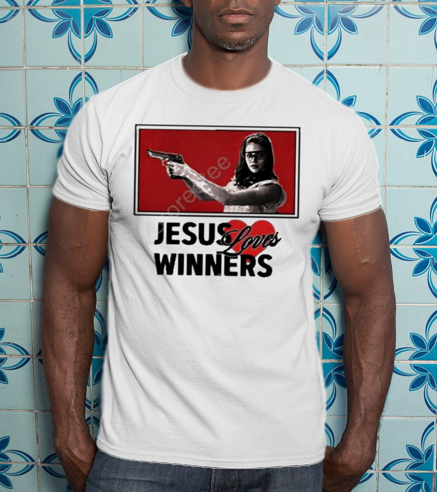 Super Yaki Jesus Loves Winners Red Gun Woman T-Shirt