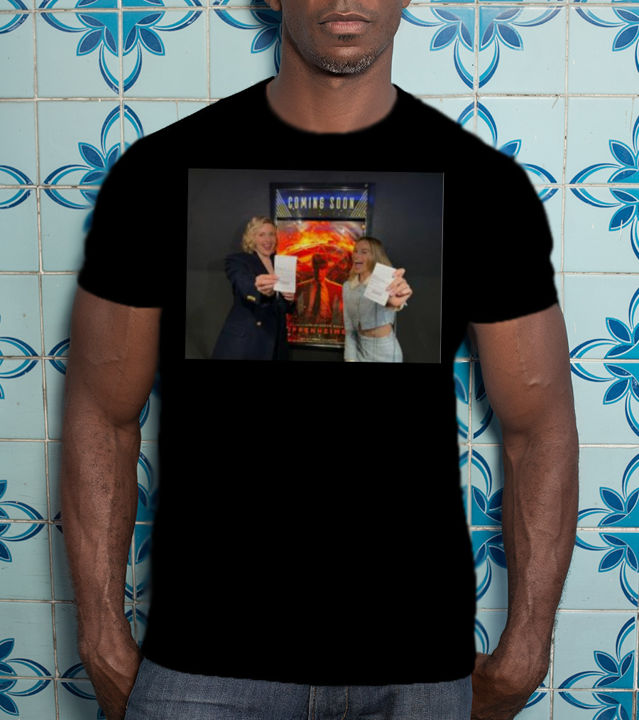 Coming Soon Oppenheimer Greta Gerwig Margot Robbie Holding Tickets T-Shirt