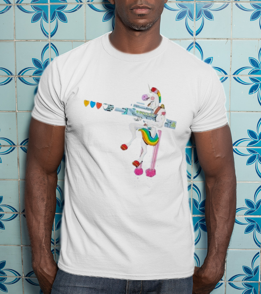 Punl-rock Rainbow Unicorn Armed With Colorful Hearts T-Shirt