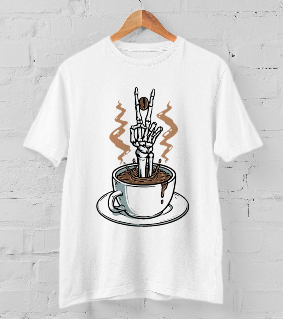 Skeleton In Cappuccino Dead Inside But Still Caffeinated Rock Hand Gesture T-Shirt
