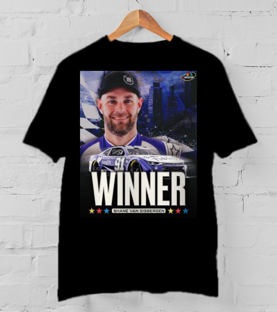 NASCAR Winner Shane Van Gisbergen With Race Car And Cityscape Background T-Shirt