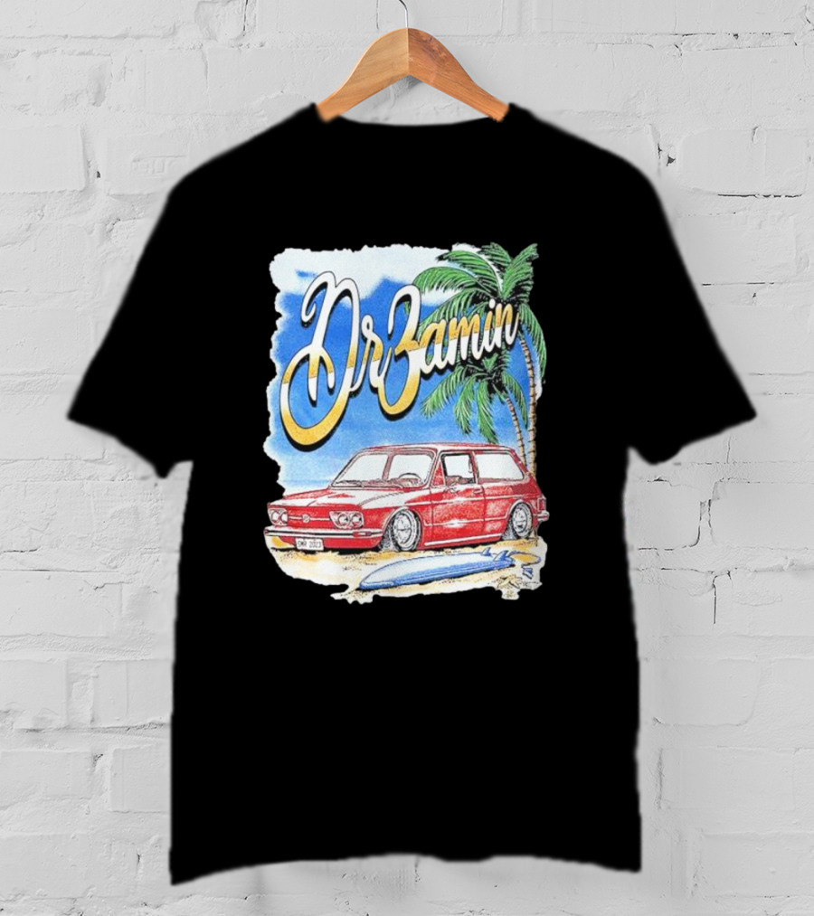 DrZamin Red Car Tropical Beach Scene With Palm Trees Surfboard T-Shirt
