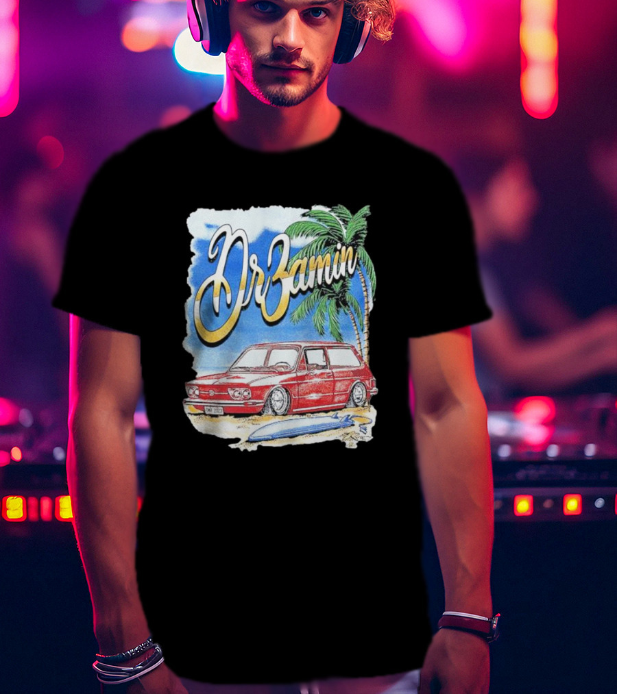 DrZamin Red Car Tropical Beach Scene With Palm Trees Surfboard T-Shirt