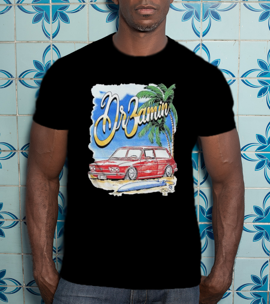 DrZamin Red Car Tropical Beach Scene With Palm Trees Surfboard T-Shirt