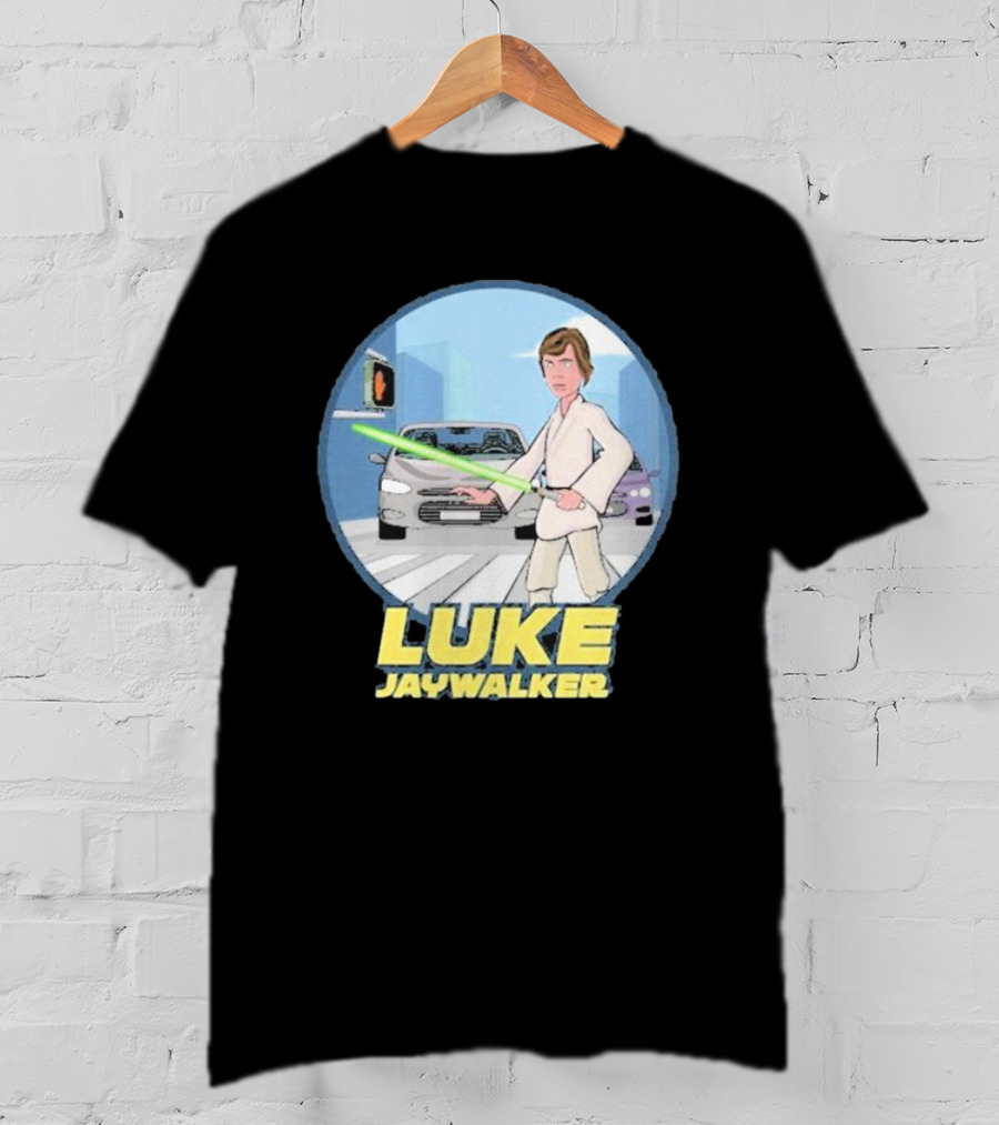 Luke Jaywalker Crossing With Lightsaber And Traffic Cars T-Shirt