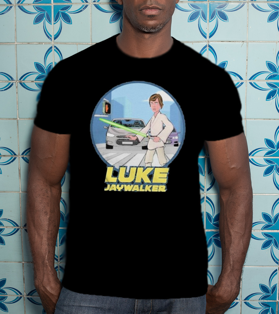 Luke Jaywalker Crossing With Lightsaber And Traffic Cars T-Shirt