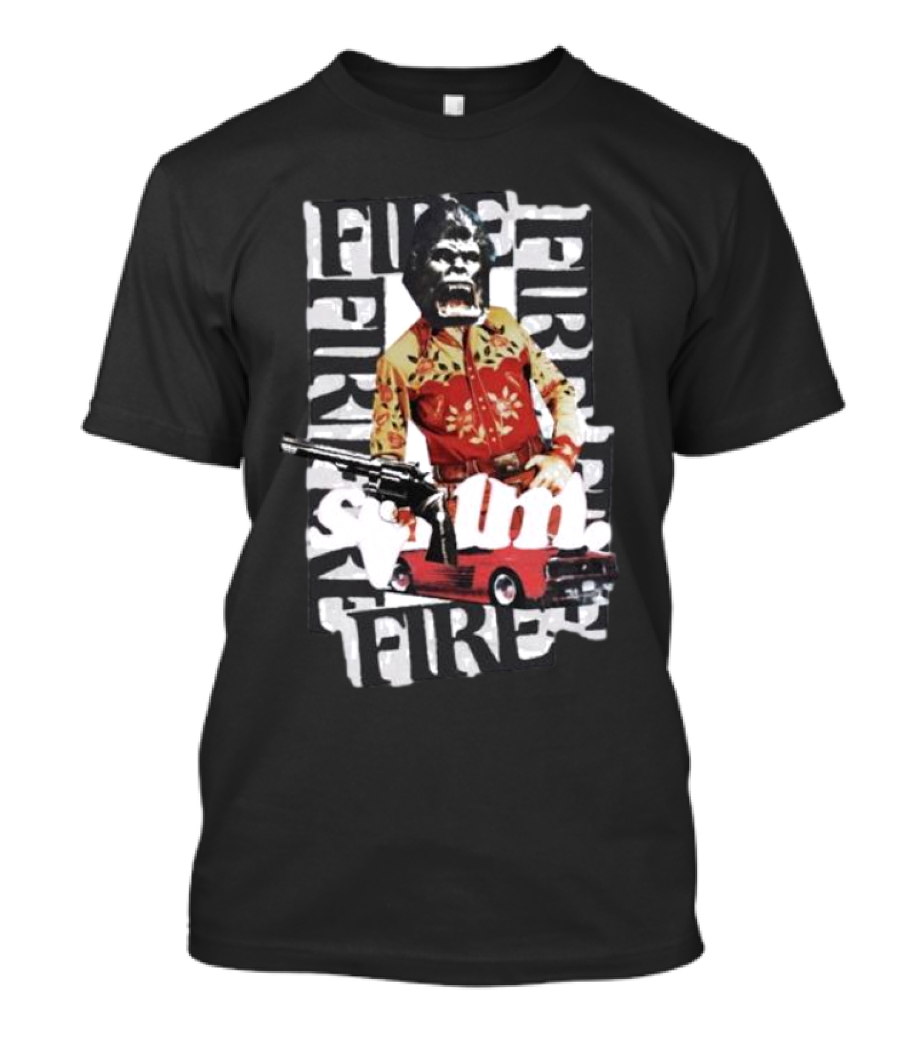 Scum Fire With Gorilla Holding Gun And Fire Text Over Red Car T-Shirt
