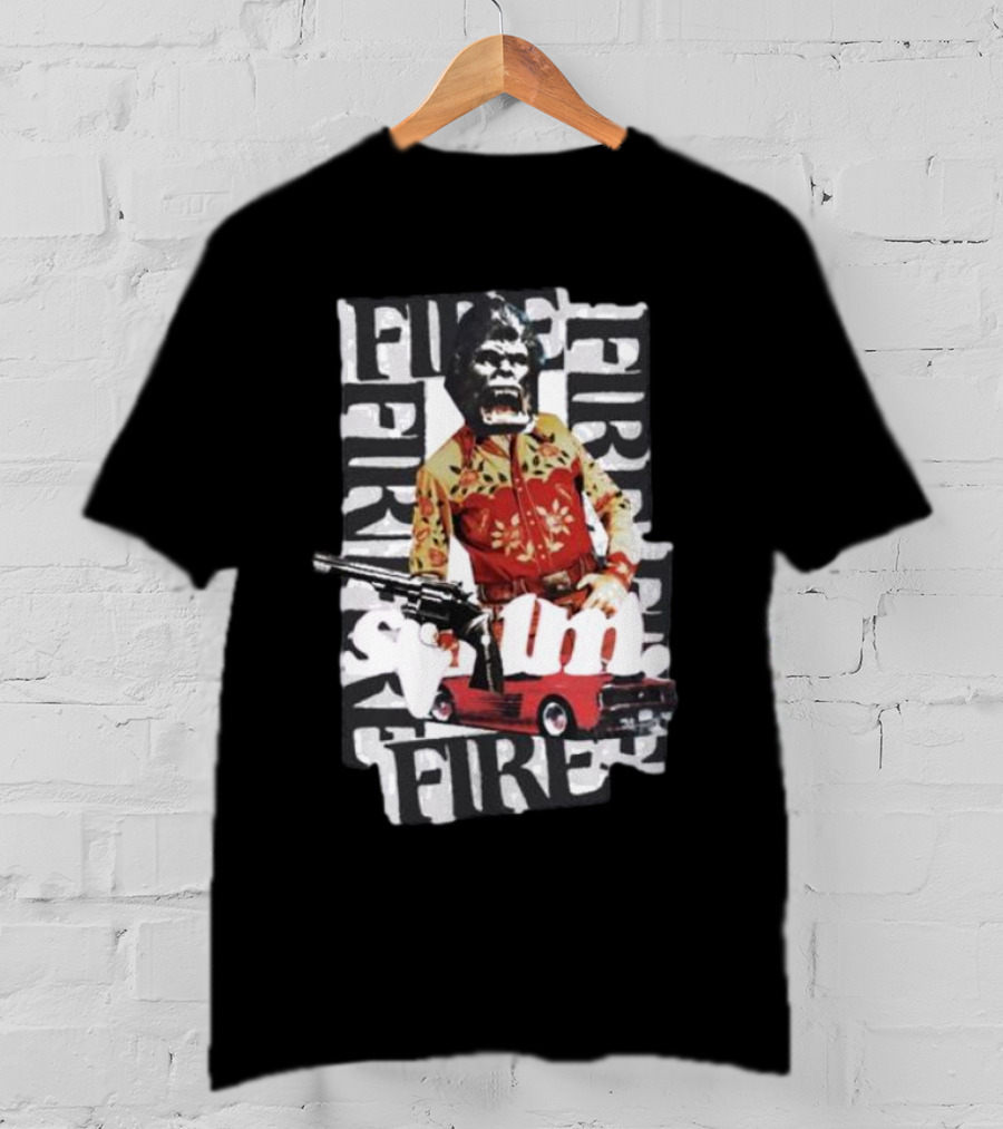 Scum Fire With Gorilla Holding Gun And Fire Text Over Red Car T-Shirt