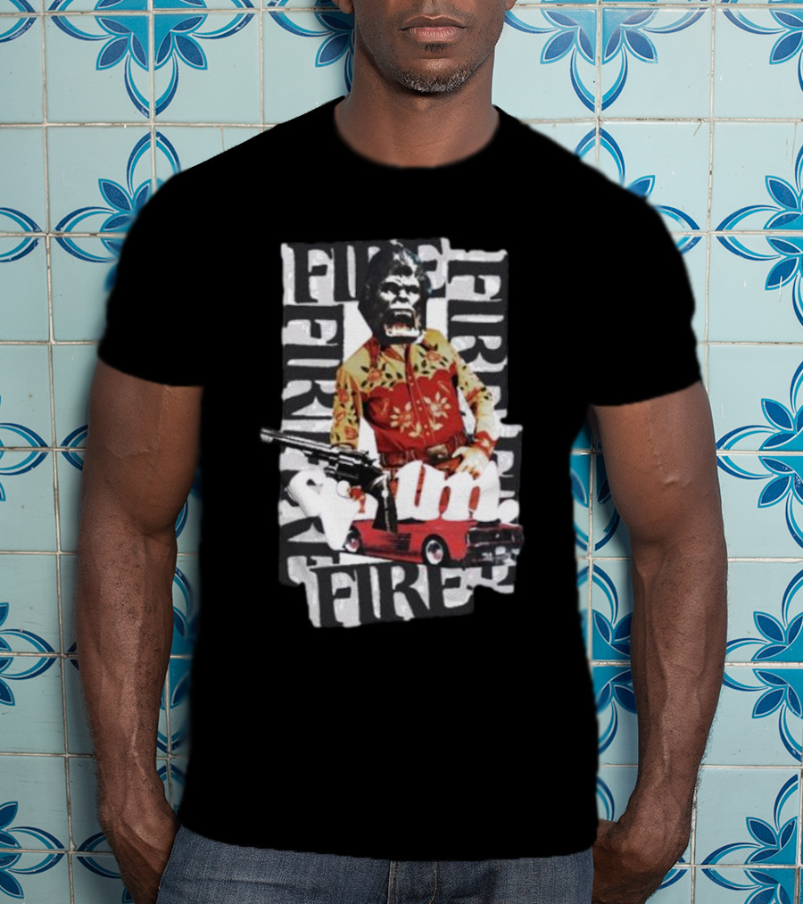 Scum Fire With Gorilla Holding Gun And Fire Text Over Red Car T-Shirt