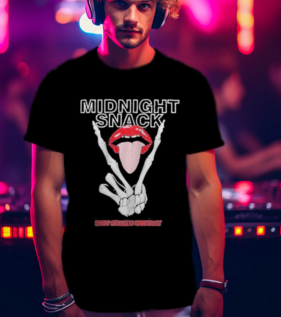 MIDNIGHT SNACK DIET STARTS MONDAY Skeleton Hands Tongue In Lips T-Shirt