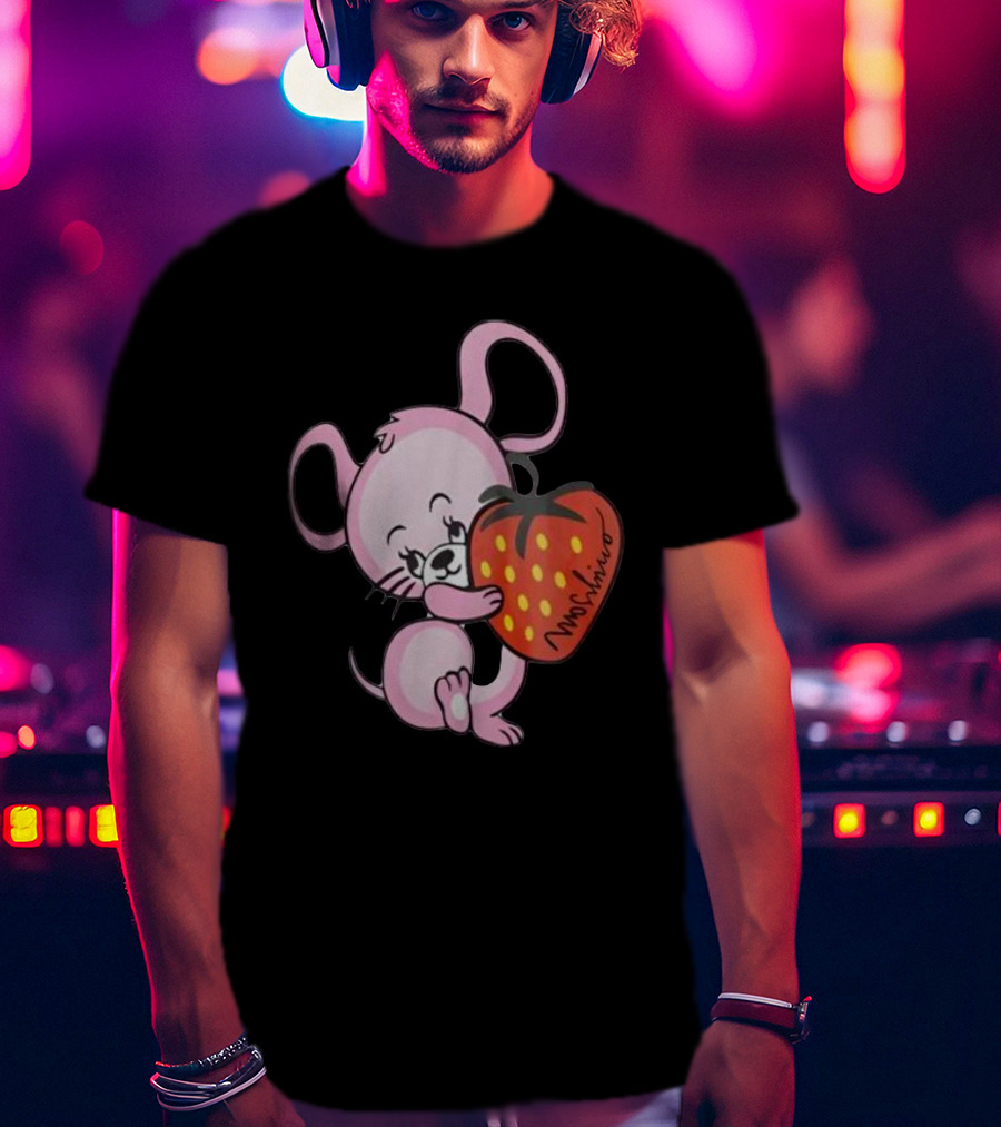 Cute Pink Mouse Hugging Strawberry Moschino T-Shirt