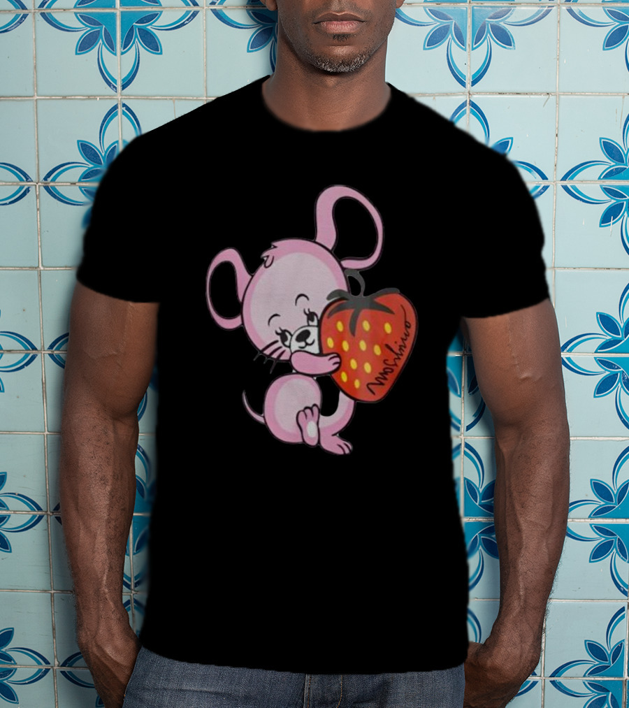 Cute Pink Mouse Hugging Strawberry Moschino T-Shirt