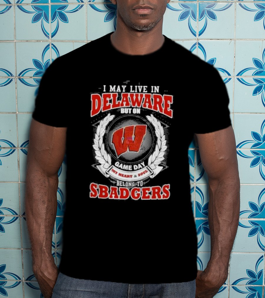 I May Live In Delaware But On Game Day My Heart And Soul Belong To Wisconsin Badgers T-Shirt