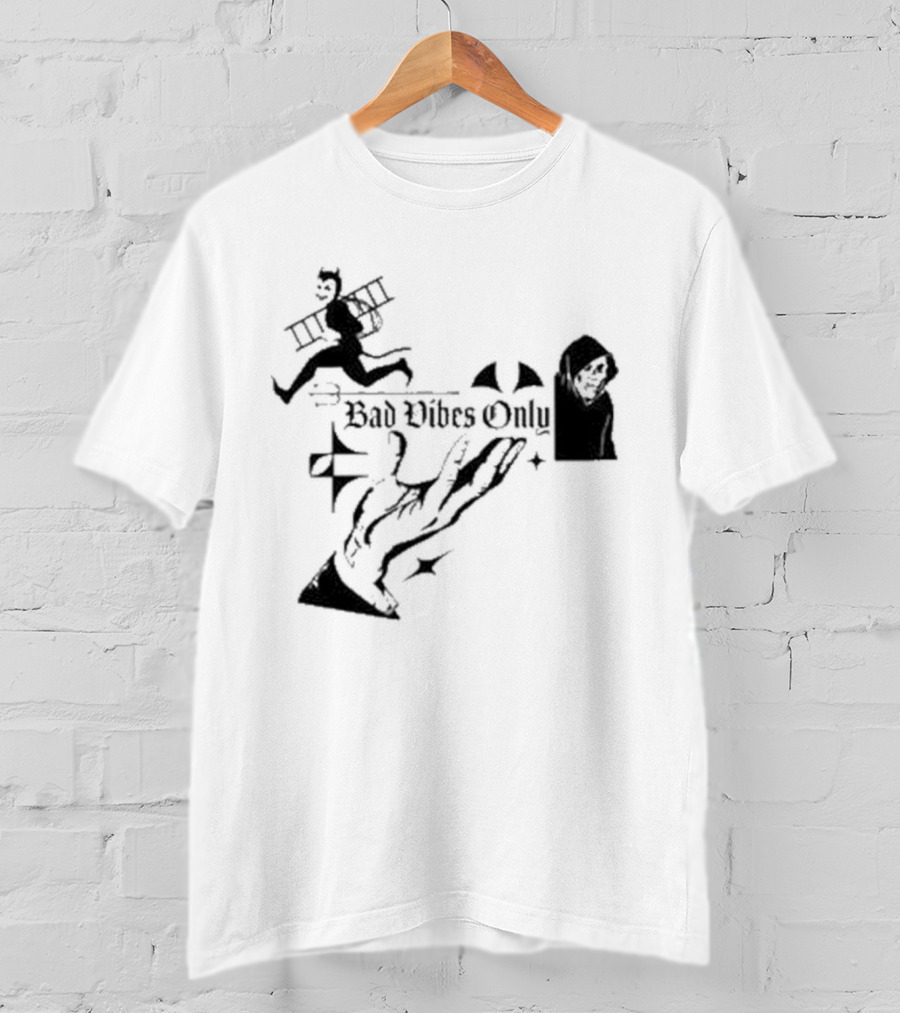 Bad Vibes Only Devil Ladder Grim Reaper Hand Gesture T-Shirt