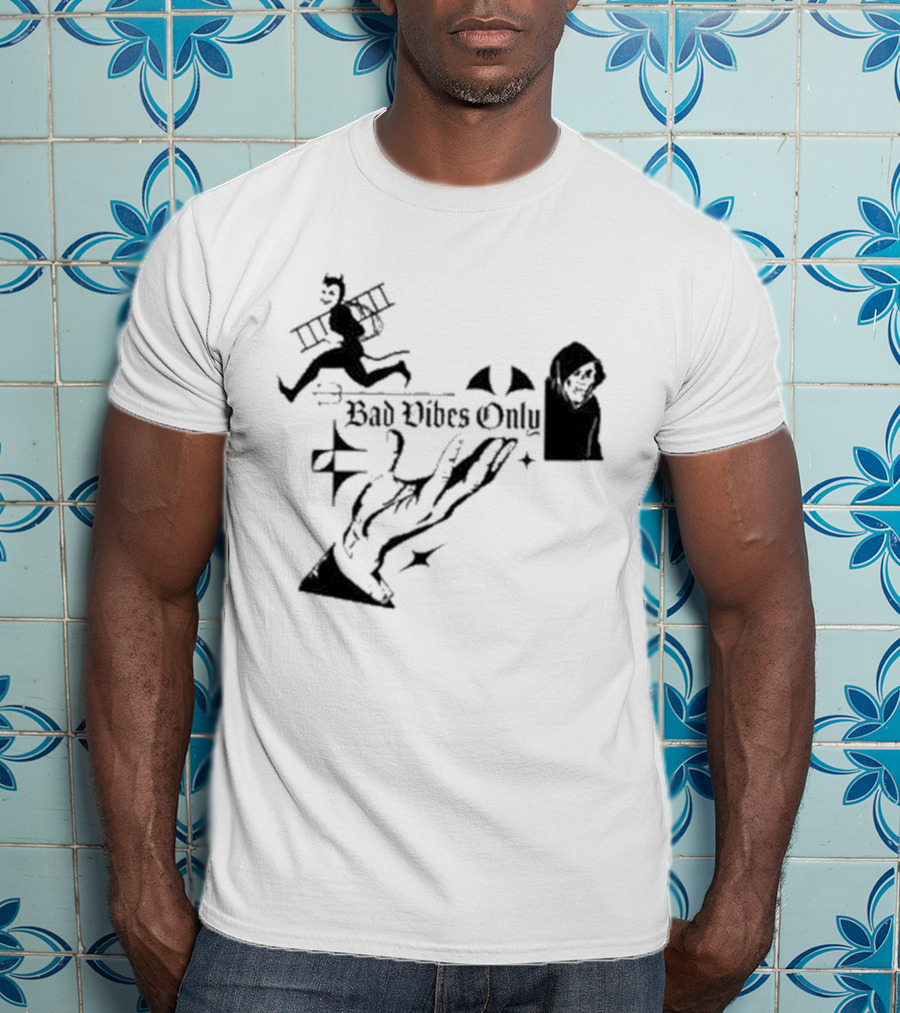 Bad Vibes Only Devil Ladder Grim Reaper Hand Gesture T-Shirt