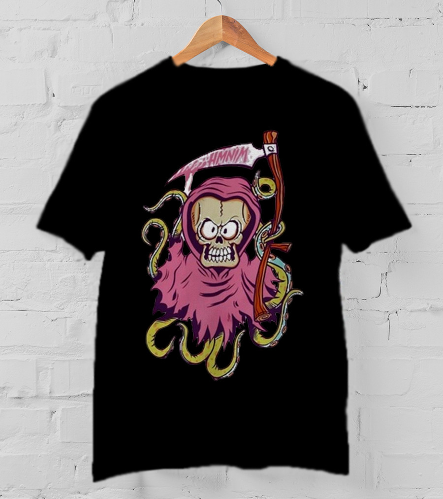 Pink Skull Hooded Grim Reaper With Scythe And Tentacles Hoppus Text T-Shirt