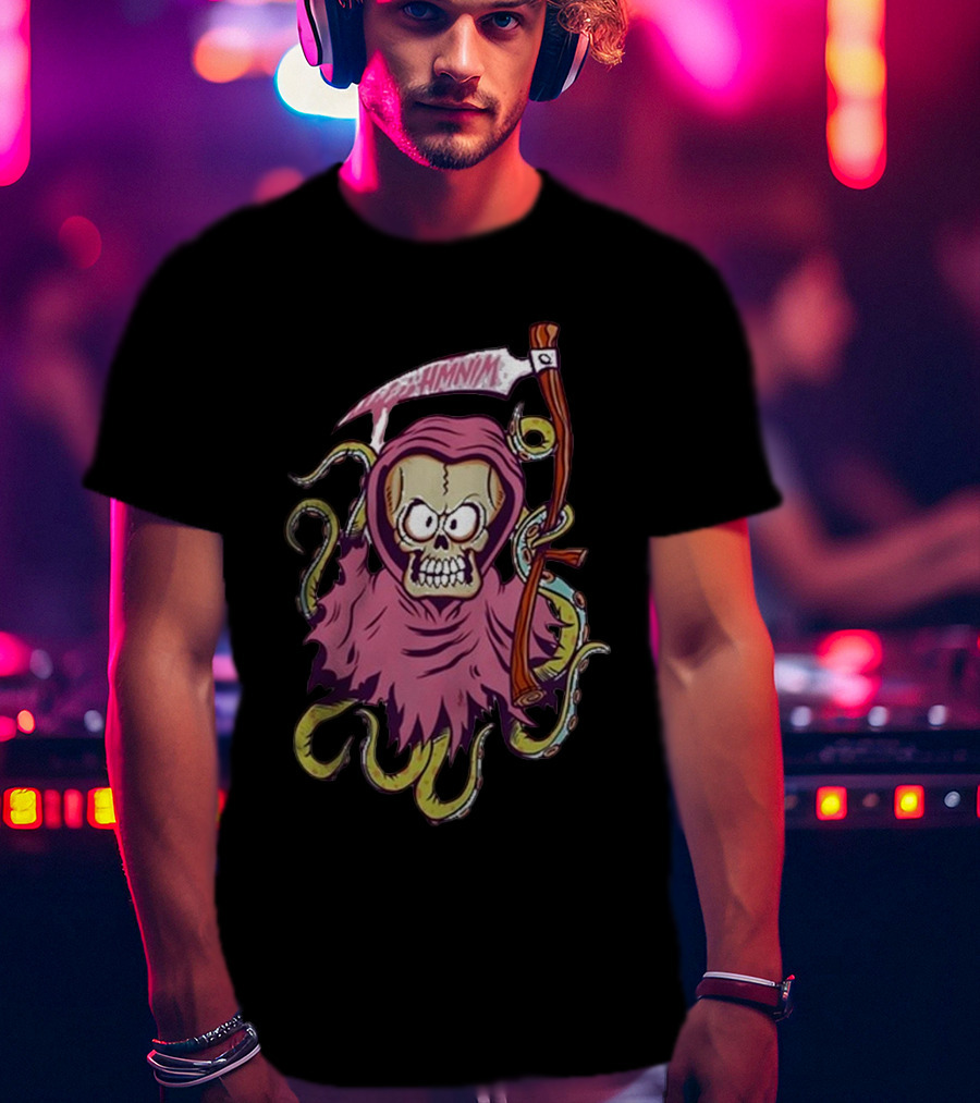 Pink Skull Hooded Grim Reaper With Scythe And Tentacles Hoppus Text T-Shirt
