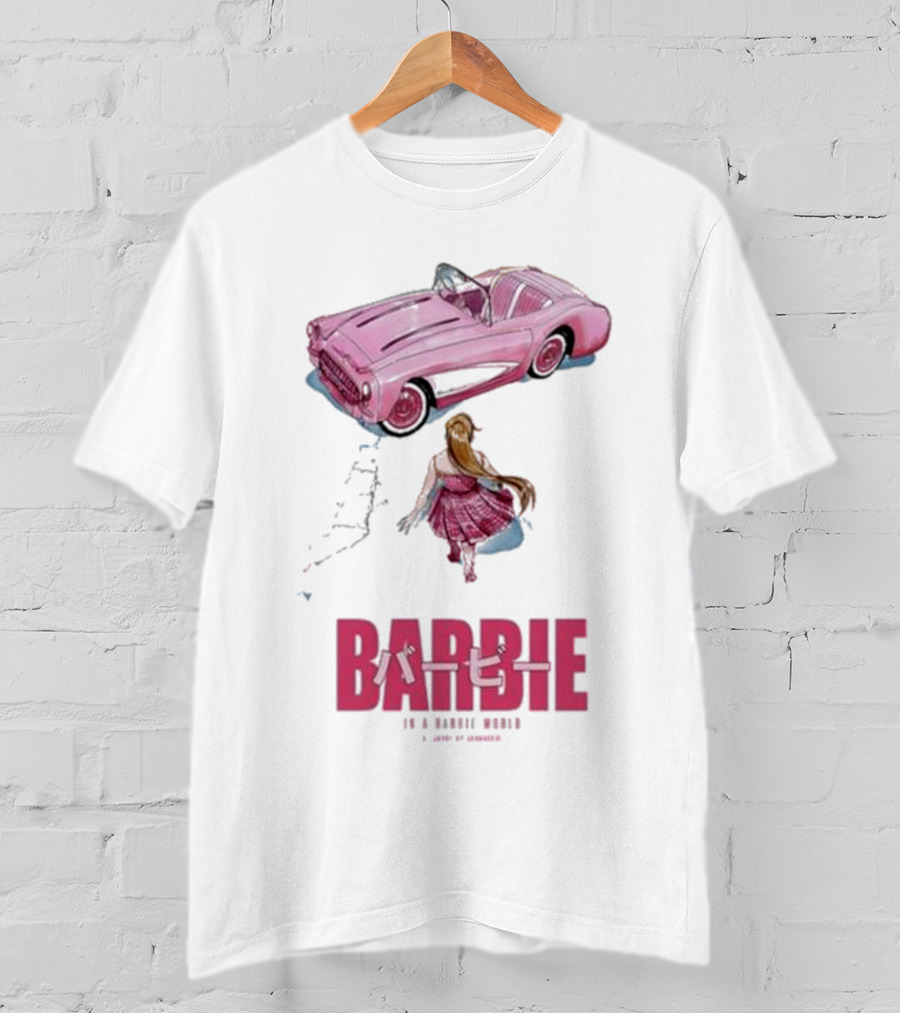 Barbie In A Barbie World Pink Car Fanart Joanacchi Japanese Text T-Shirt