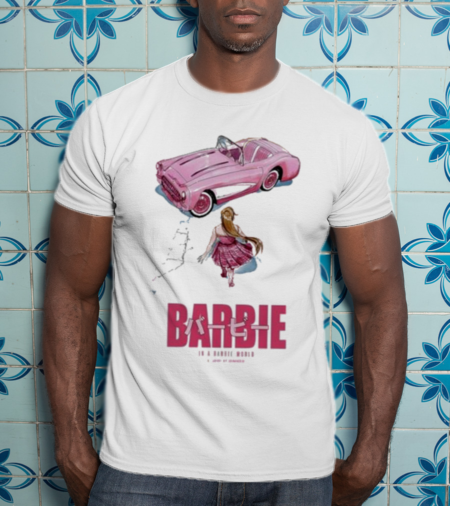 Barbie In A Barbie World Pink Car Fanart Joanacchi Japanese Text T-Shirt