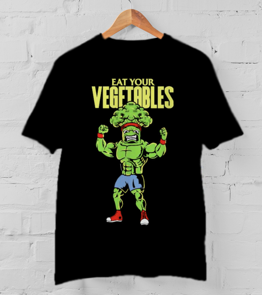 EAT YOUR VEGETABLES Broccoli Bodybuilder In Red Sneakers T-Shirt