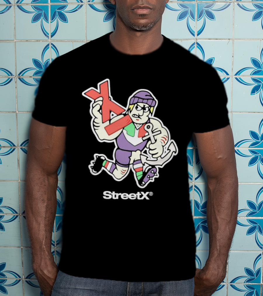 Fremantle Dockers Mens Street X AFL 90s Mascot Character With Anchor And Red X T-Shirt