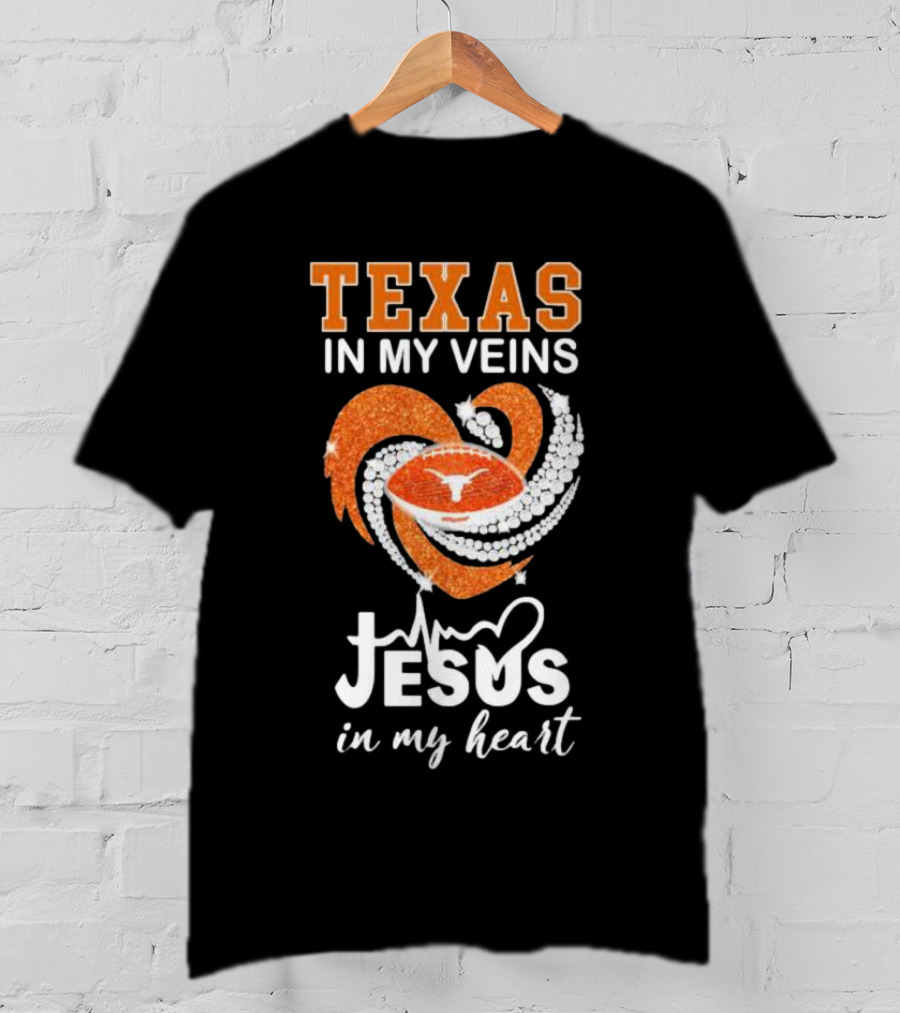 Texas In My Veins Jesus In My Heart Football Diamond T-Shirt