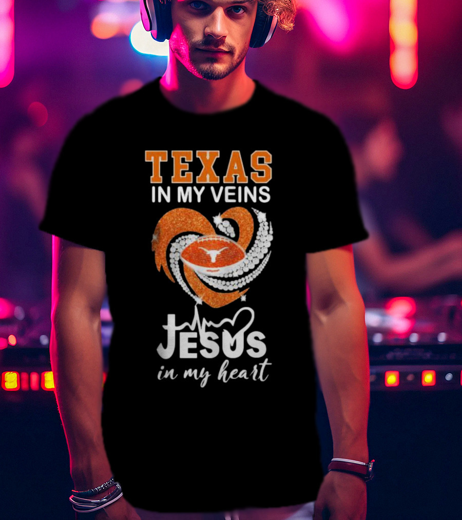 Texas In My Veins Jesus In My Heart Football Diamond T-Shirt
