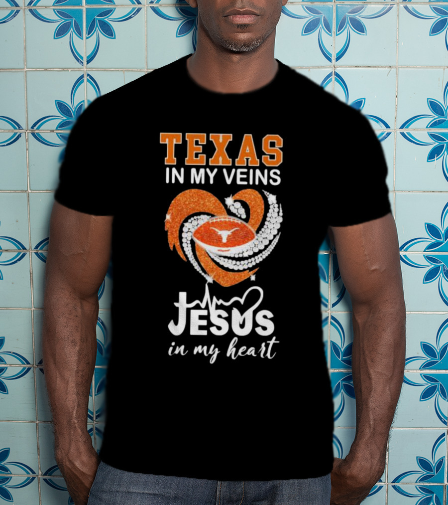 Texas In My Veins Jesus In My Heart Football Diamond T-Shirt