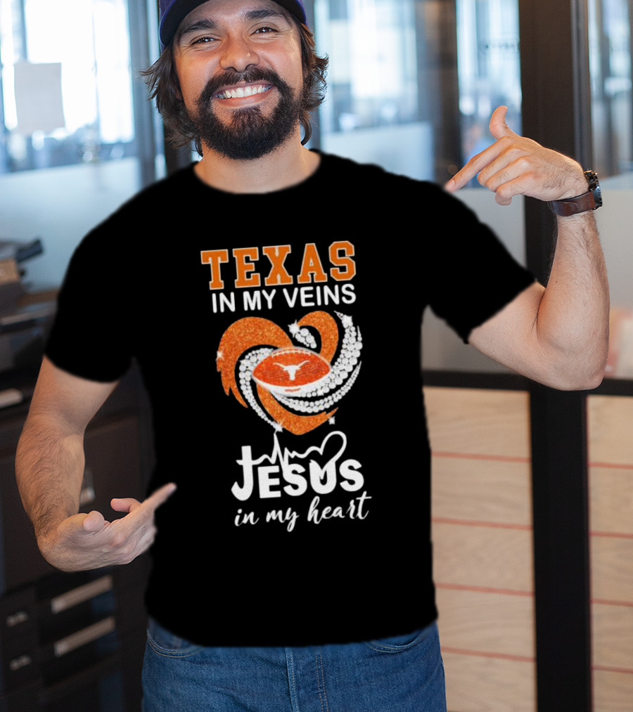 Texas In My Veins Jesus In My Heart Football Diamond T-Shirt