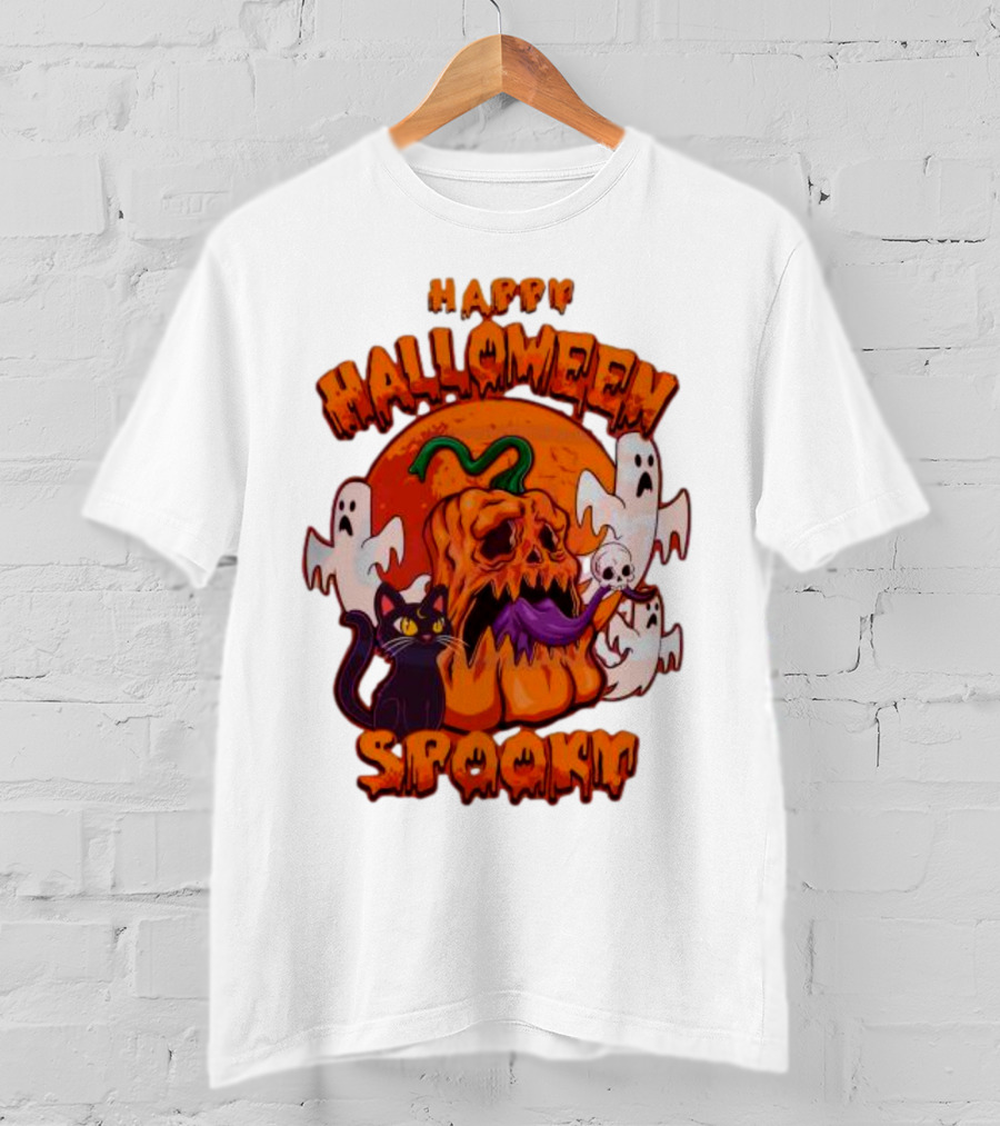 Happy Halloween Spooky Horror Pumpkin Ghosts Black Cat T-Shirt