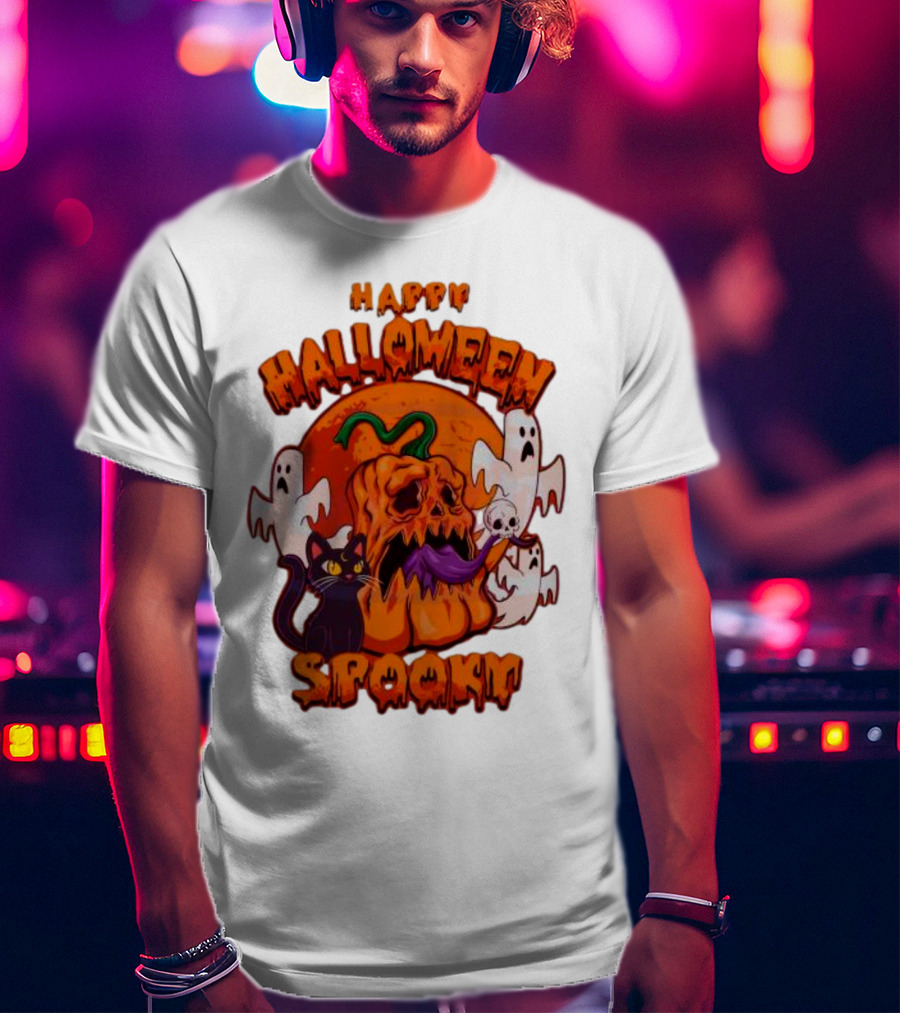 Happy Halloween Spooky Horror Pumpkin Ghosts Black Cat T-Shirt