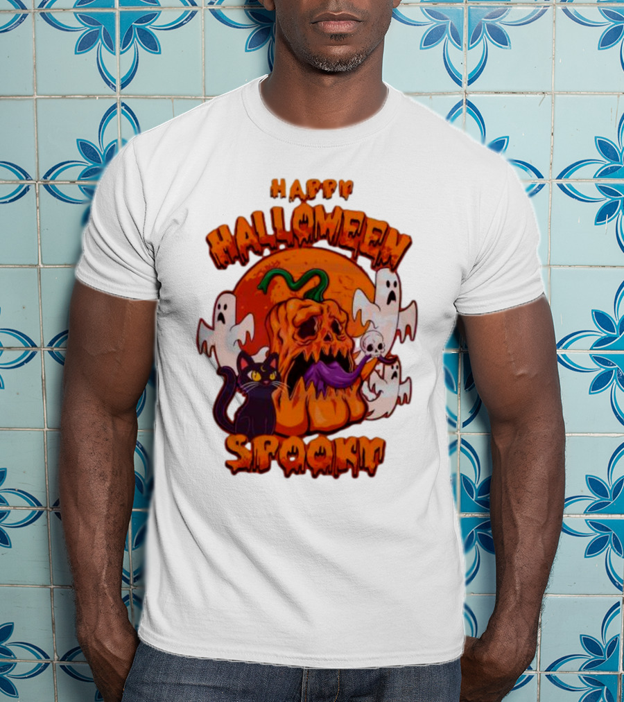 Happy Halloween Spooky Horror Pumpkin Ghosts Black Cat T-Shirt