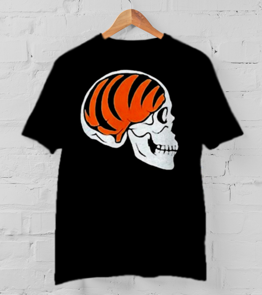 Goodberry Bengals Brain Skull With Orange Tiger Stripes T-Shirt
