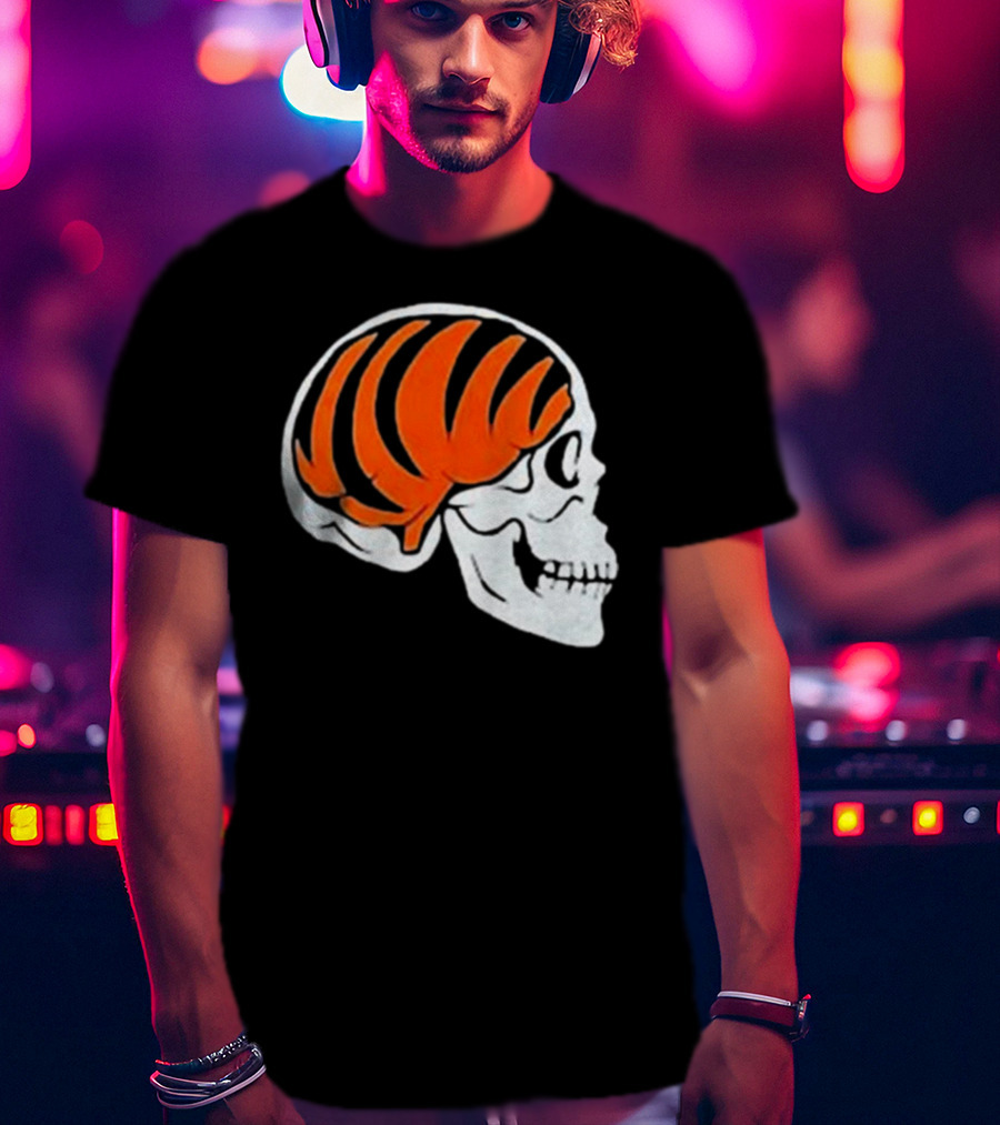 Goodberry Bengals Brain Skull With Orange Tiger Stripes T-Shirt