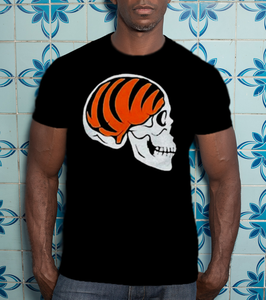 Goodberry Bengals Brain Skull With Orange Tiger Stripes T-Shirt