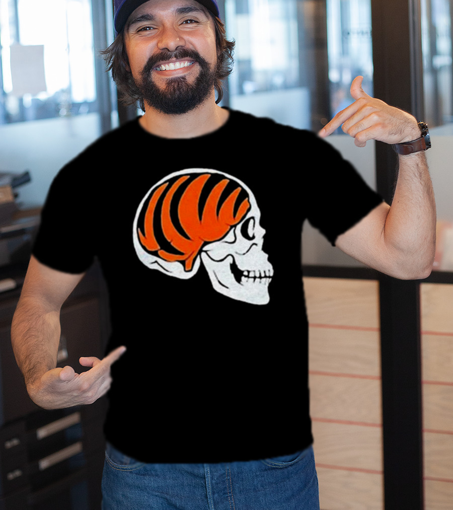 Goodberry Bengals Brain Skull With Orange Tiger Stripes T-Shirt
