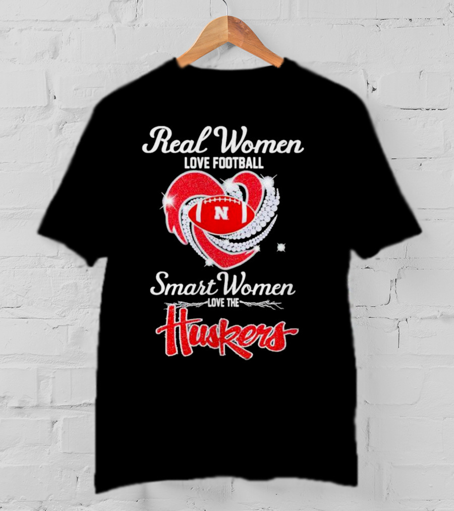Real Women Love Football Smart Women Love The Huskers Diamond Heart Nebraska Cornhuskers T-Shirt