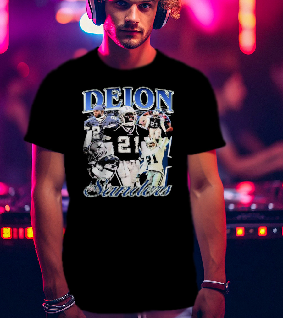 Deion Sanders Dallas Cowboys Collage With Number 21 And Star Helmet T-Shirt