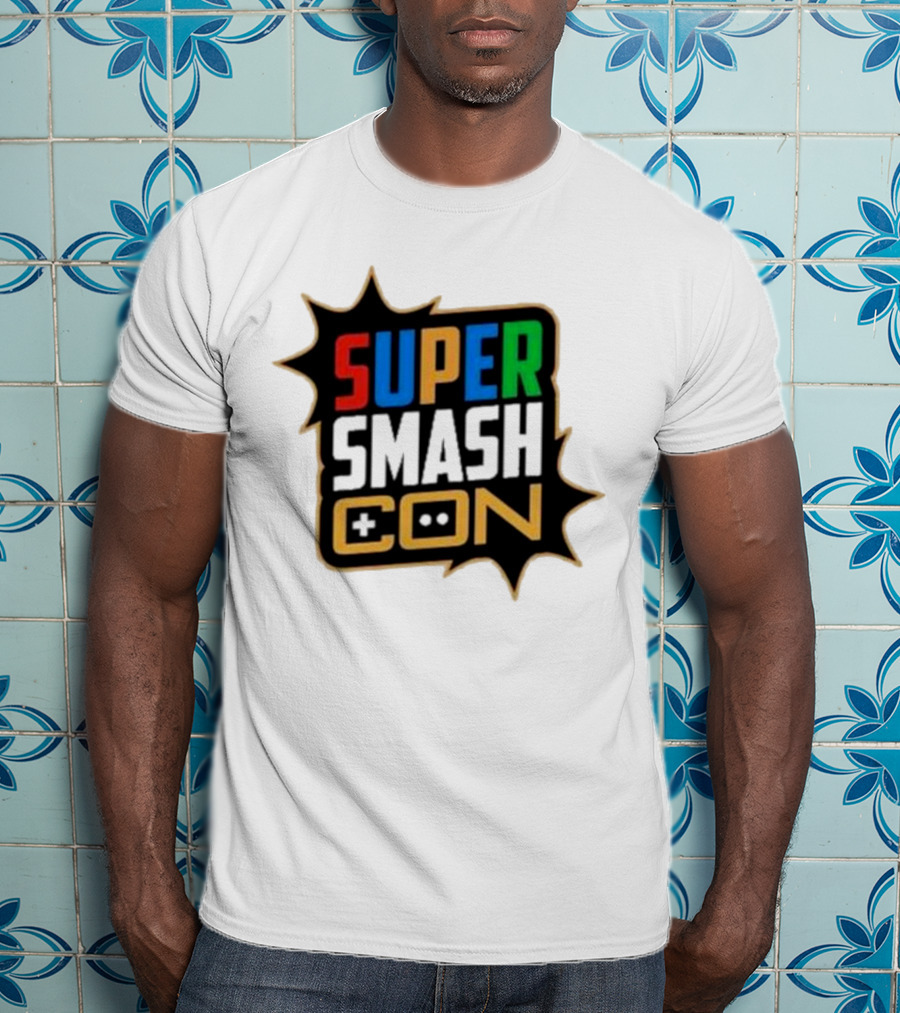 Super Smash Con Logo With Game Controller Icon Colors Burst T-Shirt