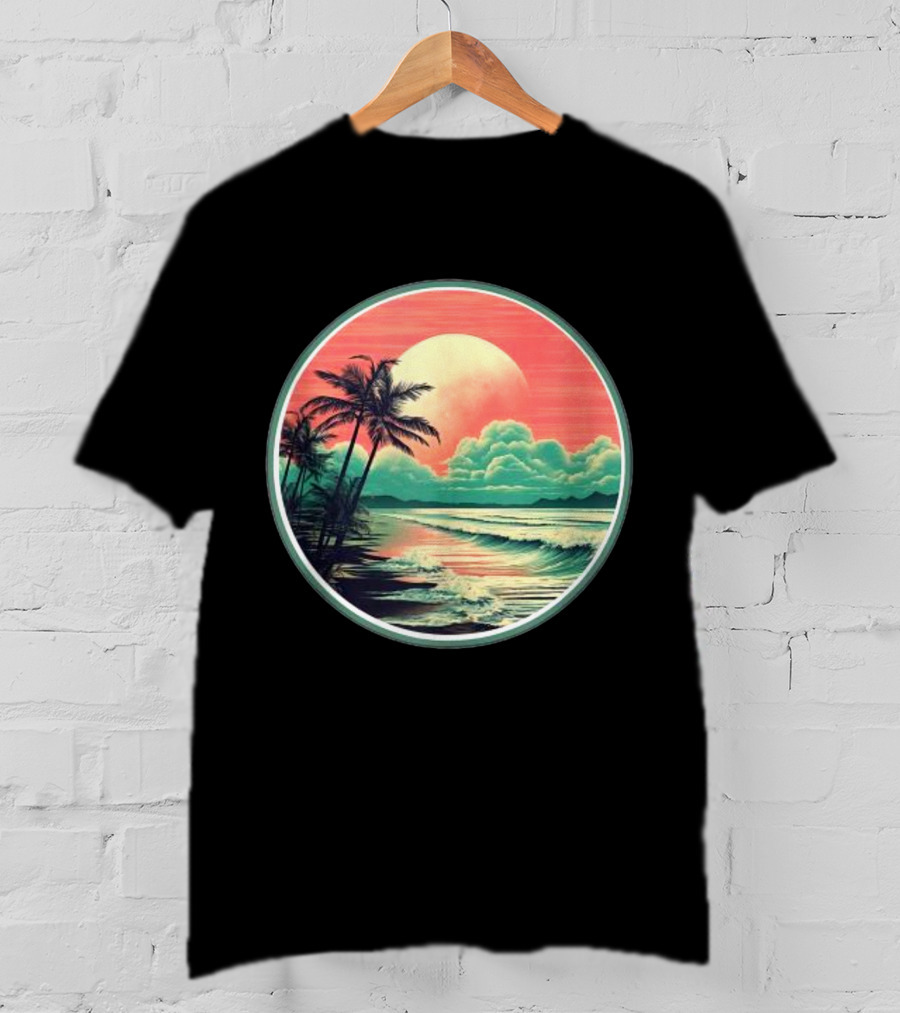 Tropical Ocean Moonscape Palms Waves Sunset Sky T-Shirt
