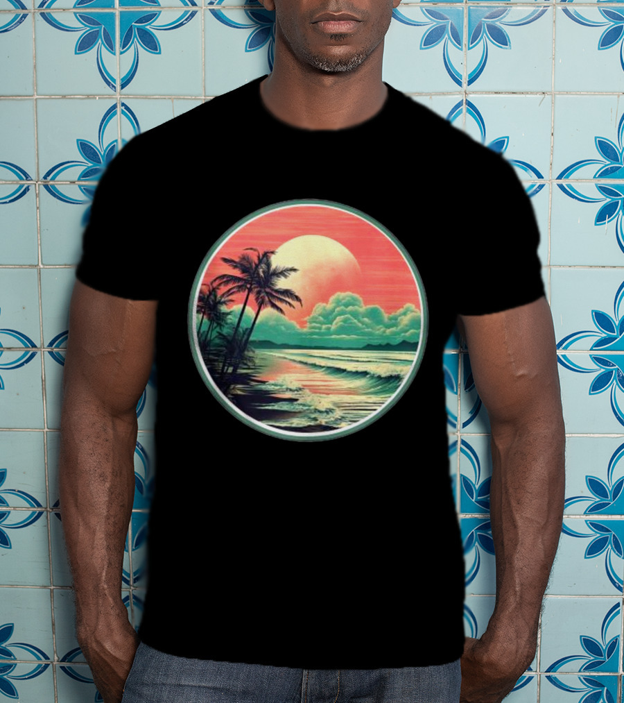 Tropical Ocean Moonscape Palms Waves Sunset Sky T-Shirt