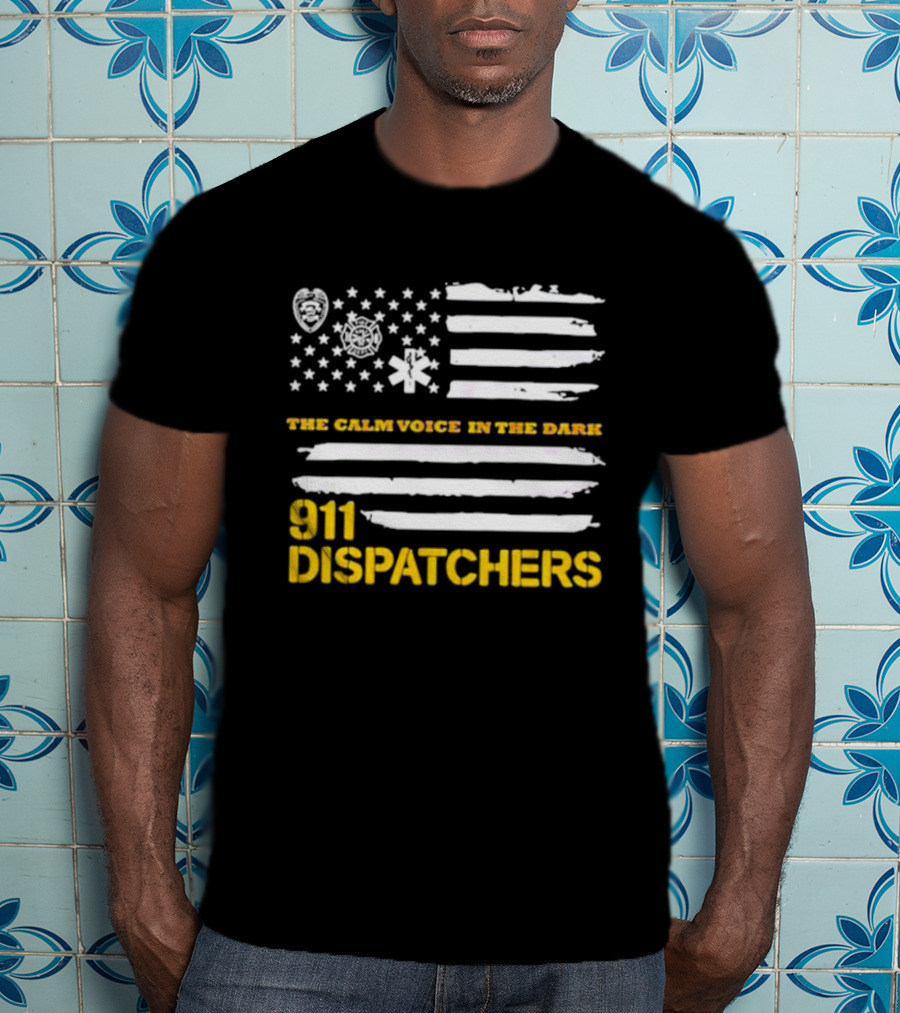 911 Dispatchers The Calm Voice In The Dark With Emergency Symbols And Distressed American Flag T-Shirt