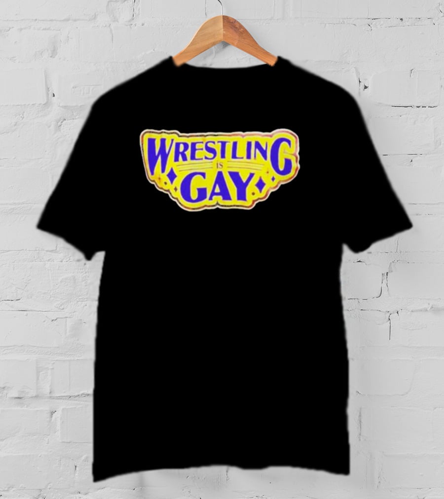 Wrestling Is Gay Emblem Bold Yellow And Purple Text T-Shirt