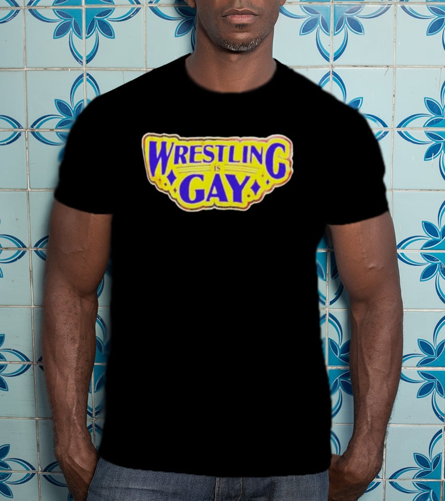 Wrestling Is Gay Emblem Bold Yellow And Purple Text T-Shirt