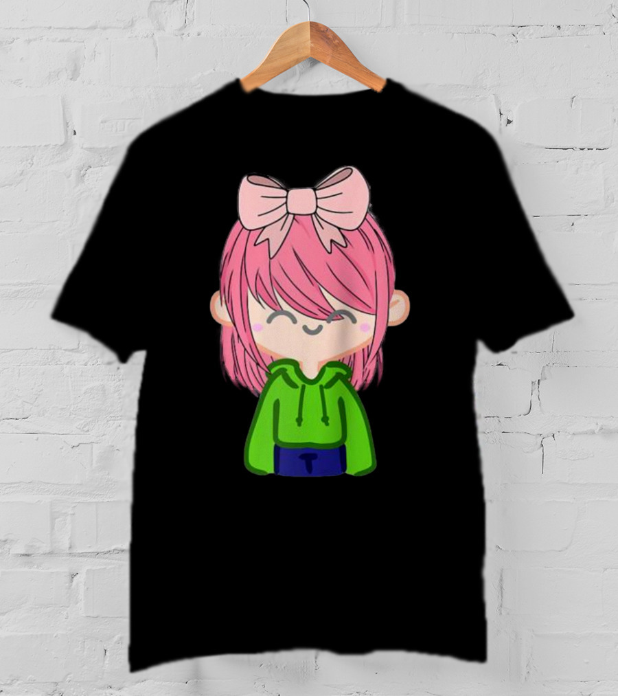 Alli Cat Pink Hair Girl Green Hoodie Bow Raglan Baseball T-Shirt