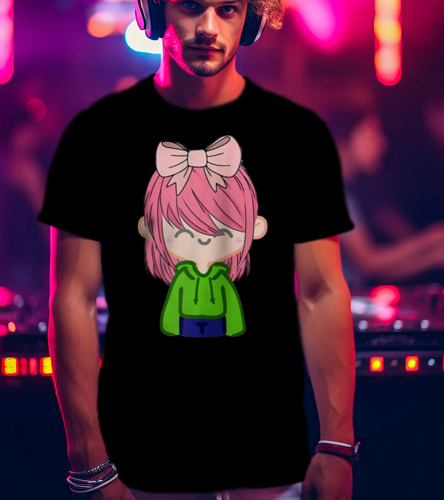 Alli Cat Pink Hair Girl Green Hoodie Bow Raglan Baseball T-Shirt